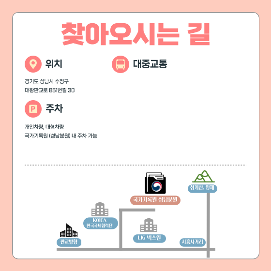 찾아오시는 길  위치 경기도 성남시 수정구 대왕판교로 851번길 30  주차 개인차량, 대형차량 국가기록원 (성남분원) 내 주차 가능  대중교통 국가기록원 성남분원·코이카 버스 정류장  버스목록 1007, 1007-1, 1009, 3003, 3202, 3302, 3402, 5600, 5700A, 5700B, 6900, 9408, 66, 87, 101, 231, 357, 370  인근 전철역 신분당선 판교역 (3, 4번 출구) 수인분당선 야탑역 (1번 출구) 수인분당선 모란역 (5번 출구)  (하단 약도 첨부)